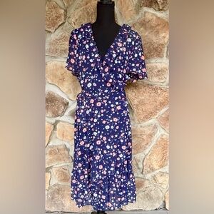 Michael Kors Floral Georgette Wrap Dress in Navy Blue with a Desert Flower XL